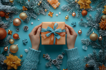 Wall Mural - A person wrapping presents with colorful paper and ribbons, surrounded by holiday decorations. Concept of preparation and the joy of giving.