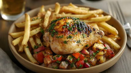 Wall Mural - Roasted Chicken with Crispy Potatoes and French Fries