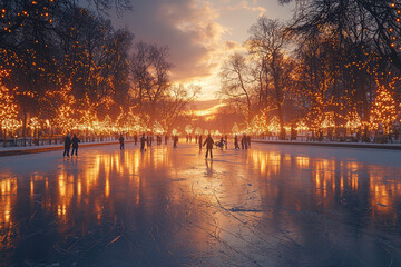 Sticker - A group of people ice skating on a frozen pond, with Christmas lights twinkling in the trees around them. Concept of festive fun and outdoor holiday activities.