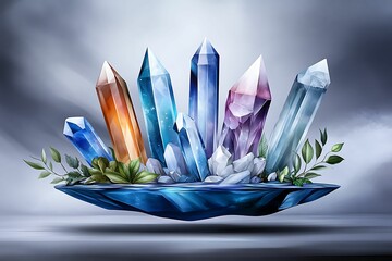 Wall Mural - Tranquil Floating Gardens with Celestial Crystals Isometric View in Watercolor Style - Soft Pastel Tones Abstract Background with Clear Light and Sharp Focus