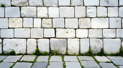 Wall Mural - White Stone Wall with Cobblestone Floor and Grass