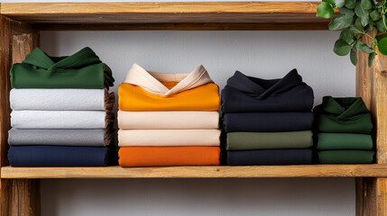 Neatly folded colorful clothing on a wooden shelf. Cozy home organization concept with apparel and plants.