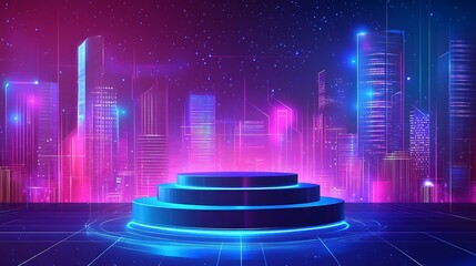 Wall Mural - Neon Cityscape Stage Platform  Abstract Cyberpunk Background