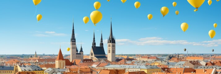 Bright yellow balloons ascend into the blue sky above a picturesque cityscape filled with spires and rooftops, capturing a joyful moment on a clear day in an urban setting.