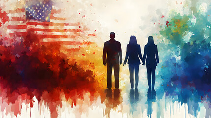 Watercolor Silhouette of Three People Holding Hands in Front of an American Flag