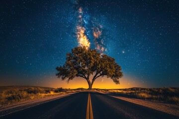 A lone tree stands on a rural road under a vibrant night sky with the Milky Way galaxy shining above.