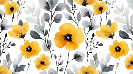 Wall Mural - Watercolor Yellow Flowers with Grey Leaves Seamless Pattern