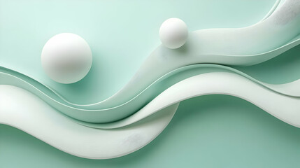 Wall Mural - Abstract Green and White Curved Background with Spheres