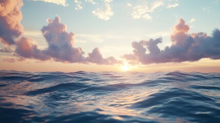 Poster - Visualize a serene ocean under a sky with scattered, fluffy clouds, the gentle waves reflecting the soft light of the setting sun and creating a calming effect