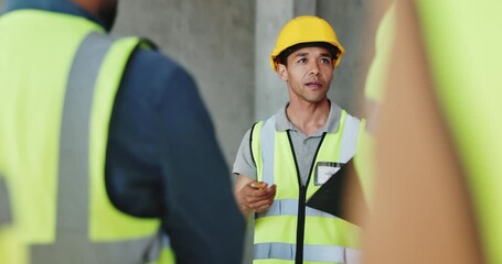 Poster - Teamwork, checklist and inspection with man on construction site for project management, property development and building engineering. Architecture, clipboard and contractor with planning update