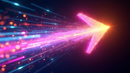 A colorful arrow made of glowing light beams, pointing right at the center on a black background he arrow forms an elegant and dynamic shape with a sense of motion and speed Generative AI