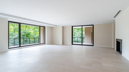 Empty spacious living room with large windows overlooking a green view, modern minimalist design and natural light