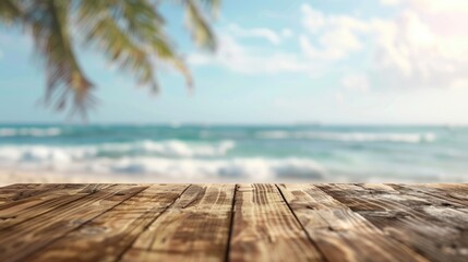 Poster - Wooden table surface with blurred beach setting, ideal for showcasing or product placement