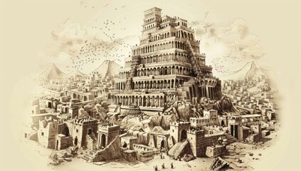 Hand-drawn illustration of the biblical Tower of Babel, depicting the construction scene with workers and a cloudy sky.