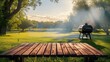 © k - Wooden Table with Grill and Summer Garden Background