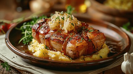 Bacon-Wrapped Pork Belly with Maple Mustard and Sauerkraut over Mashed Potatoes