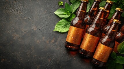 Six brown beer bottles with blank labels and green leaves on a rustic dark background.