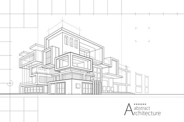 Aufkleber - 3D illustration abstract urban building out-line drawing of imagination architecture building construction design.