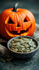 Wall Mural - A pumpkin with a scary face is next to a bowl of seeds. Scene is spooky and festive, as it is likely being used for Halloween decorations