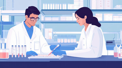 Poster - A biomedical student inputting data from a drug trial, overseen by a scientist in a modern