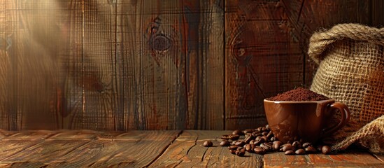 Poster - Coffee Cup Spice And Coffee Beans On A Wooden Table And Sack Background Vintage Image