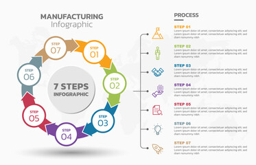 Poster - Visual data presentation. Cycle diagram with 7 options. Pie Chart Circle Infographic template with 7 steps, options, parts, segments. Business concept. Editable pie chart with sectors. Single layer.
