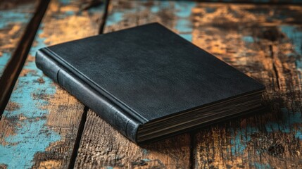 A black leather bound book lies closed on a rustic wooden surface.