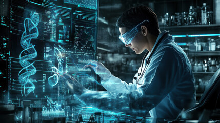 Poster - A geneticist working with a digital interface that displays genetic data, with futuristic lab