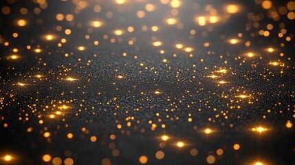 Abstract background with a black surface and golden bokeh lights.