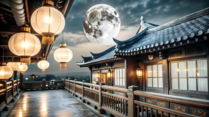 Wall Mural - Enchanting Mid Autumn Festival Scene: Glossy Moonlit Balcony with Lanterns Bathed in Soft Moonlight, Creating a Peaceful and Reflective Atmosphere. Wide Shot Highlighting the Full Moon Above. Perfect 