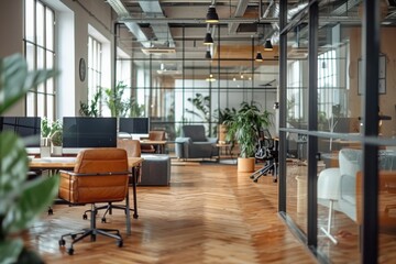 Wall Mural - A large open office space with a lot of plants and wooden floors