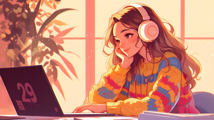 Young woman in colorful sweater using laptop.