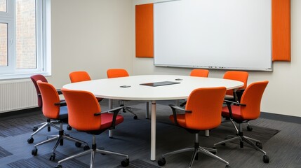 white conference table and chairs in conference room with business graph on white board on wall