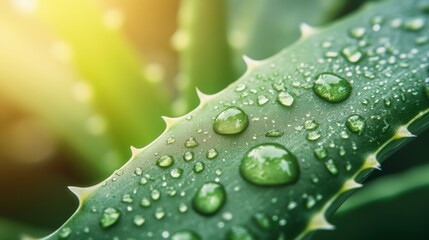 Wall Mural - Aloe vera leaves shine with fresh water droplets under warm morning sunlight, highlighting their natural texture and vibrant color