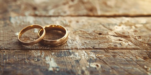 Two gold wedding rings placed on a rustic wooden table