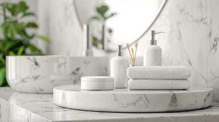 Poster - White marble podium displaying bathing products on blurred bathroom sink background