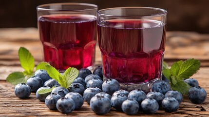 Two glasses of fresh blueberry juice with blueberries and mint leaves on a wooden table.