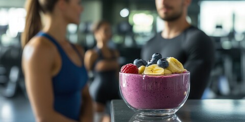 A bowl of berry smoothie with fruit on top, in focus, with two people blurred in the background in a gym.