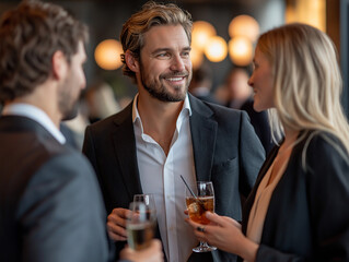 a group of business professionals enjoying a networking event in a chic, modern lounge, holding drin