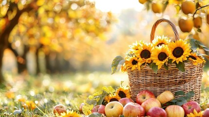 Wall Mural - Autumn Harvest  Wicker Basket with Sunflowers and Apples in a Sunny Orchard