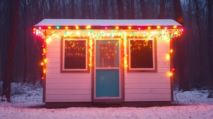 Sticker - Bright Christmas lights illuminate a cozy house blanketed in snow, creating a festive atmosphere in a serene winter landscape