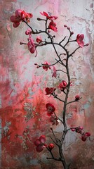 Wall Mural - A branch of pink flowers against a textured red wall.