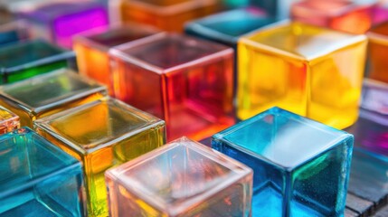 An artistic arrangement of colorful transparent acrylic cubes captures light and displays a vibrant spectrum of colors
