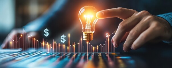 Wall Mural - Male hand interacts with virtual light bulb and dollar icon, rising financial graph overlay, representing investment growth and innovation, detailed realism