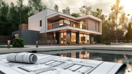 Modern Luxury House with Pool and Architectural Blueprints in Foreground at Sunset