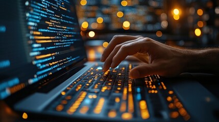 Close-up of hands typing code on a laptop keyboard with a blurred background.