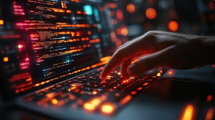 A close-up of a hand typing on a laptop keyboard with colorful code displayed on the screen.