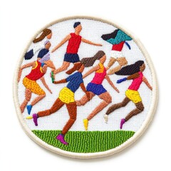 a colorful embroidered patch depicting seven diverse figures running a relay race.