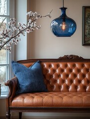 A small reading nook with two black chairs and an armchair, featuring a round table with books on it, in front of beige wallpaper, under the light from a white hanging lamp. The space is designed in t