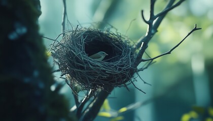 Wall Mural - twig animal nest in tree new born house habitat with deep forest blurred background